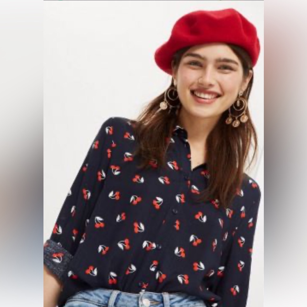 Topshop Navy and Red Patterned Shirt cherry print cute retro size US 10